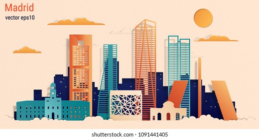Madrid city colorful paper cut style, vector stock illustration. Cityscape with all famous buildings. Skyline Madrid city composition for design 