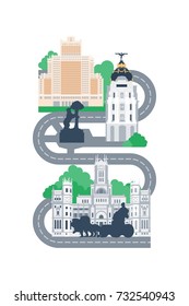 Madrid city landmarks map vector illustration. 
Bear and strawberry tree, Cibeles palace, Plaza Espana and Gran Via. 
