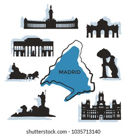 Madrid City Landmarks And Monuments Isolated On White Background. Banner Of The Famous Buildings Of Madrid. Madrid Map And Silhouettes Of Architecture, Landscape, Panorama, Flat Vector Illustration. 