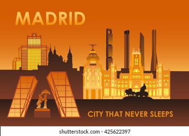 Madrid city landmarks at night vector illustration. Cibeles palace,
Bear and strawberry tree, Cuatro torres skyscrapers.