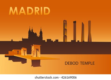 Madrid city landmarks at night vector illustration. Debod egyptian temple.