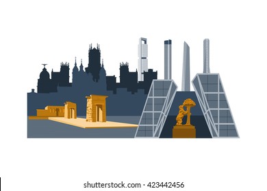 Madrid city landmarks and skyscrapers vector illustration. Cibeles palace,
Bear and strawberry tree, Debod egyptian temple, Cuatro torres skyscrapers.
