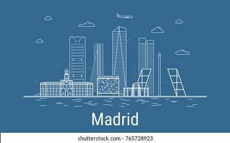 Madrid city, Line Art Vector illustration with all famous buildings. Linear Banner with Showplace. Composition of Modern buildings, Cityscape. Madrid buildings set