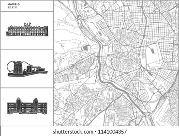 Madrid city map with hand-drawn architecture icons. All drawigns, map and background separated for easy color change. Easy repositioning in vector version.