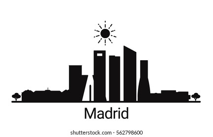Madrid city outline skyline. All Madrid buildings - customizable objects, so you can simple change skyline composition. Minimal design.