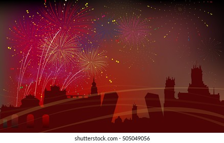 Madrid City Silhouette, Celebration, Fireworks 