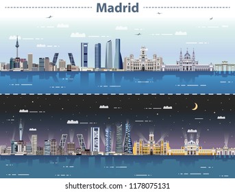 Madrid City Skyline At Day And Night Vector Illustration