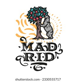 Madrid City Spain Hand Drawn T-shirt Print Design Illustration of The Statue of the Bear and the Strawberry Tree in Traditional Tattoo Style, Heraldic Symbol Of Madrid depicted on a Coat of Arms 