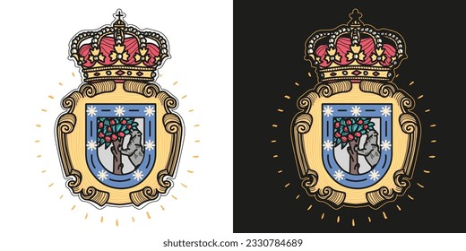 Madrid City Spain Hand Drawn Coat of Arms Design in Traditional Tattoo Aesthetic, Illustration of The Statue of the Bear and the Strawberry Tree, Heraldic Symbol, Vector Graphics.