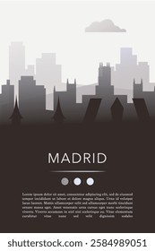 Madrid city template for website, presentation, front page, invitation, publication sheet with skyline, landmarks. Vector Spain image layout, simple and grayscale