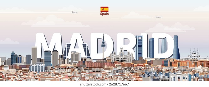Madrid cityscape colorful vector illustration with big city name on the background. Travel trendy poster