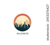 Madrid cityscape, gradient vector badge, flat skyline logo, icon. Spain capital city round emblem idea with landmarks and building silhouettes. Isolated graphic