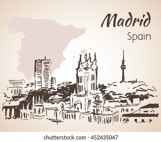 Madrid cityscape with map. Isolated on white background