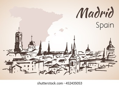 Madrid cityscape with map. Isolated on white background