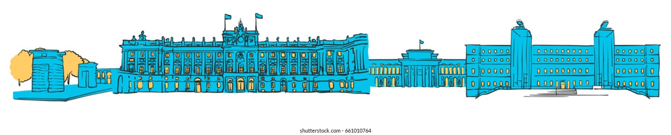 Madrid Colored Panorama, Filled with Blue Shape and Yellow Highlights. Scalable Urban Cityscape Vector Illustration 