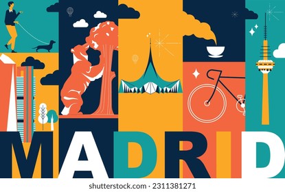 Madrid culture travel set, famous architectures and specialties in flat design. Business travel and tourism concept clipart. Image for presentation, banner, website, advert, flyer, roadmap, icons