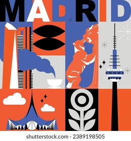 Juego de viajes cultural de Madrid, arquitecturas famosas y especialidades de diseño plano. Concepto de viajes de negocios y turismo. Imagen para presentación, banner, sitio web, anuncio, volante, hoja de ruta, iconos