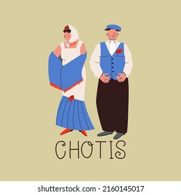 Madrid dance chotis. Man and woman in traditional Spanish dance costumes. Typical for the festival of San Isidro (Spanish: Fiestas de San Isidro). Vector illustration.