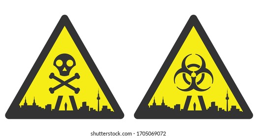 Madrid Danger Emergency Biological Hazard Signs and Skyline