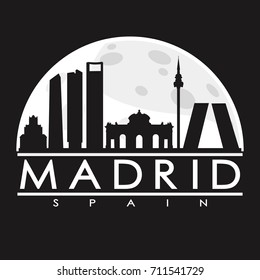 Madrid Full Moon Night Skyline Silhouette Design City Vector Art