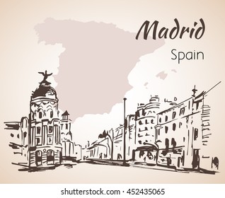 Madrid hand drawn street. Spain. Isolated on white background