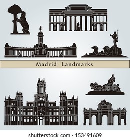 Madrid Landmarks And Monuments Isolated On Blue Background In Editable Vector File