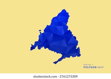 Madrid Map - Low poly polygon map in deep blue gradient on soft beige background, modern minimal geometric design, clean abstract vector illustration with faceted triangulated style.