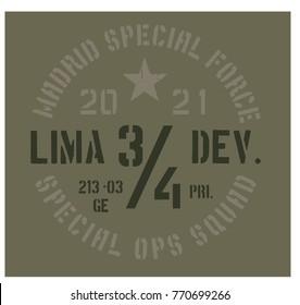 Madrid military badge, realistic looking military typography for t-shirt, poster, print.