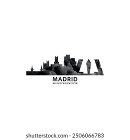 Madrid panorama, vector badge, skyline logo and icon. Spain capital city horizon logotype with landmarks and building silhouettes. Isolated foggy abstract gradient graphic