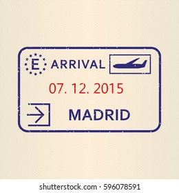 Madrid passport stamp. Travel by plane visa or immigration stamp. Vector illustration.