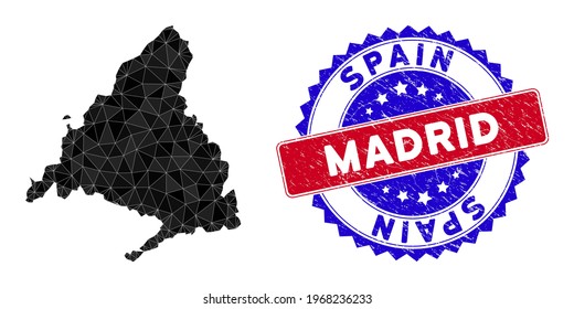 Mapa de malla poligonal de la provincia de Madrid con triángulos rellenos y sello bicolor de caucho. Mapa triangular de la provincia de Madrid con modelo vectorial triangular, triángulos con tamaños y posiciones aleatorizados,