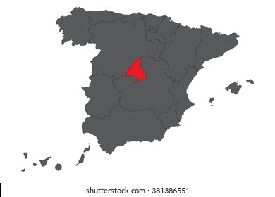 Madrid red map on gray Spain map vector