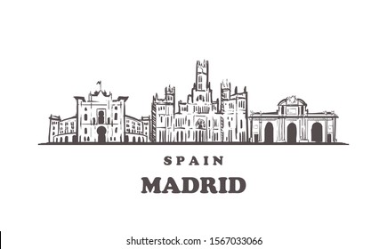 Madrid sketch skyline. Spain, Madrid hand drawn vector illustration. Isolated on white background. 