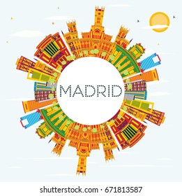 Madrid Skyline with Color Buildings, Blue Sky and Copy Space. Vector Illustration. Business Travel and Tourism Concept with Historic Architecture. Image for Presentation Banner Placard and Web Site.