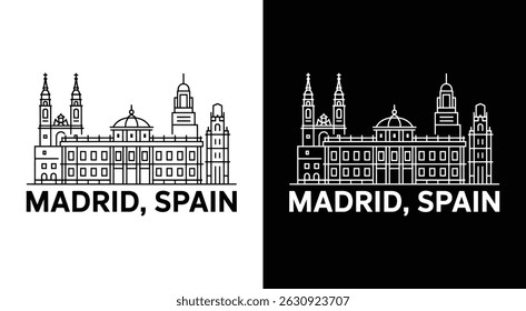 Madrid Skyline Line Art featuring Madrid Royal Palace Metropolis Building and Cuatro Torres ideal for tourism businesses and Spanish city branding
