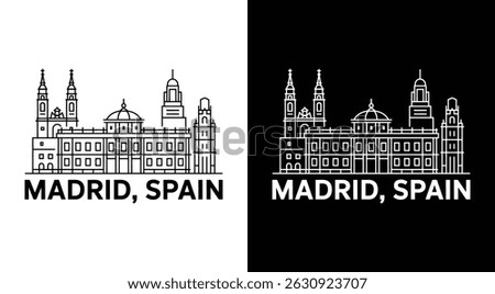 Madrid Skyline Line Art featuring Madrid Royal Palace Metropolis Building and Cuatro Torres ideal for tourism businesses and Spanish city branding