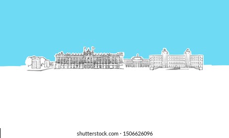 Madrid Skyline Panorama Vector Sketch. Hand-drawn Illustration on blue background.