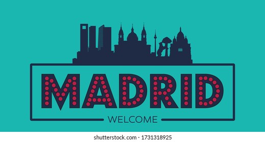 Madrid skyline silhouette flat design typographic vector illustration.
