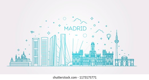 Madrid skyline, Spain. Vector illustration, line art