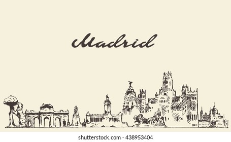 Madrid skyline, vector engraved illustration, hand drawn, sketch