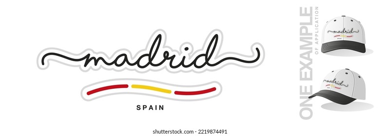 Madrid Spain, abstract Madrid flag ribbon, new modern handwritten typography calligraphic logo icon with example of aplication