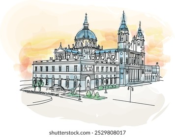 Madrid Espanha - A Catedral de Almudena durante um pôr do sol colorido - ilustração vetorial