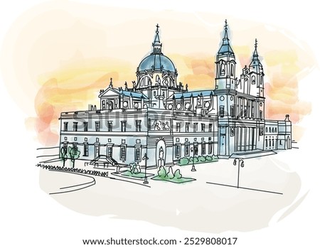 Madrid Spain - The Almudena Cathedral during a colorful sunset - vector illustration
