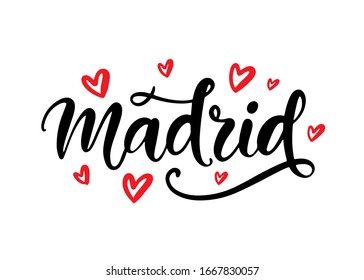 Madrid Spain calligraphy. Modern city hand written brush lettering, isolated on white background. Tee shirt print, typography card, poster design. Vector illustration. Vintage retro style