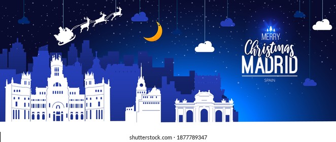 Madrid, Spain. Christmas holiday background. Winter snowy landscape.
