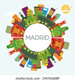 Madrid Spain City Skyline with Color Buildings, Blue Sky and Copy Space. Vector Illustration. Business Travel and Tourism Concept with Historic Architecture. Madrid Cityscape with Landmarks.