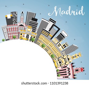 Madrid Spain City Skyline with Gray Buildings, Blue Sky and Copy Space. Vector Illustration. Business Travel and Tourism Concept with Historic Architecture. Madrid Cityscape with Landmarks.