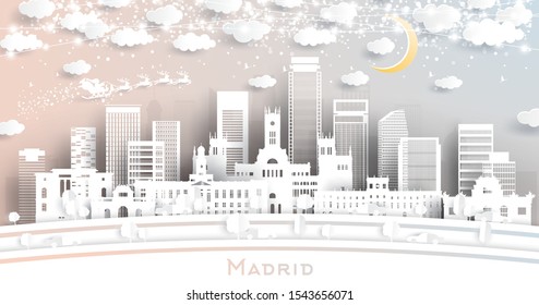 Madrid Spain City Skyline in Paper Cut Style with Snowflakes, Moon and Neon Garland. Vector Illustration. Christmas and New Year Concept. Santa Claus on Sleigh. 
