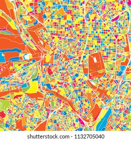 Madrid, Spain, colorful vector map.  White streets, railways and water. Bright colored landmark shapes. Art print pattern.