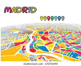 Madrid, Spain, Downtown 3D Vector Map of Famous Streets. Bright foreground full of colors. White Streets, Waterways and grey background areal. White Horizon.